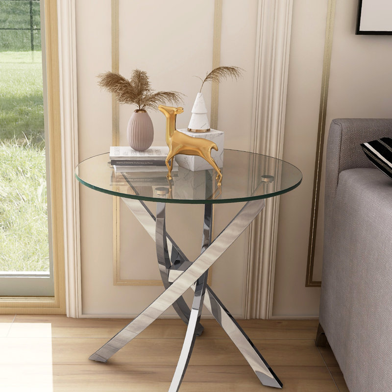 Orren Ellis Magallanes Glass Top Cross Legs End Table & Reviews Wayfair